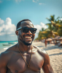 Black ethnic man enjoy summer vacation on tropical resort beach, fun carefree muscular man. Portrait of handsome black man on beach smiling laughing on summer holiday vacation travel lifestyle freedom