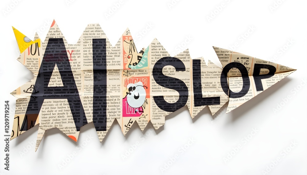 Poster collage of ai text on jagged paper, symbolizing low-quality generative media.