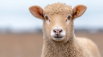 Fluffy lamb stares, farm field background, rural scene, springtime lamb