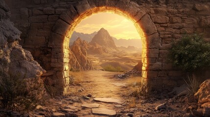 Ancient stone archway leading to a desert landscape, soft warm light, peaceful and tranquil, highly detailed, timeless and majestic, calm and inviting