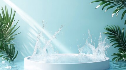 3D vector podium background product display stand scene with water splash and palm leaf for beauty cosmetic products presentation mock-up illustration 