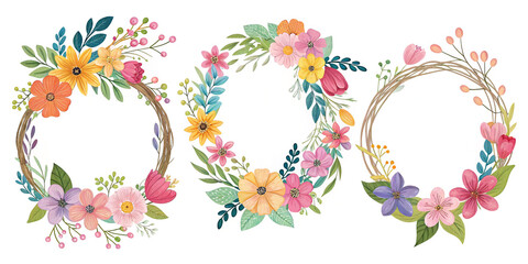 A Set of Spring Wreaths with Flowers Isolated for Decoration