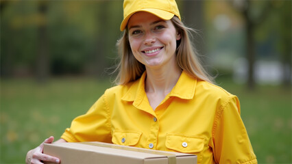 Portrait of a smiling delivery woman in a bright yellow uniform and cap holding a cardboard parcel outdoors. The background showcases a blurry green outdoor setting, symbolizing eco-friendly delivery 