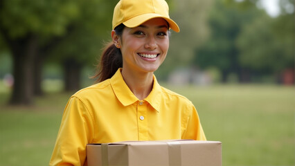 Portrait of a smiling delivery woman in a bright yellow uniform and cap holding a cardboard parcel outdoors. The background showcases a blurry green outdoor setting, symbolizing eco-friendly delivery