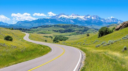 Fototapeta premium Winding road through green valley towards snow-capped mountains; summer landscape