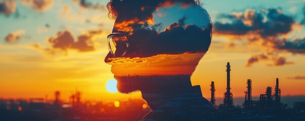 silhouette, engineer, industry, sunset, factory, oil, chemical, technology, worker, double exposure, skilled, safety goggles This image portrays an engineer s silhouette against a vibrant sunset