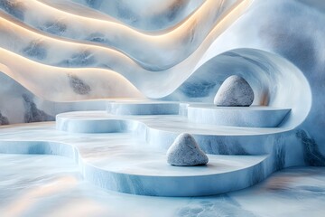 Ancient Roman columns in a garden with a 3D design featuring light patterns, metal textures, and a motion wave effect