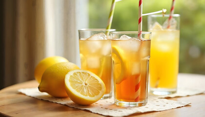 Close-up of glasses of iced tea and lemonade, garnished with lemon slices, on a wooden table