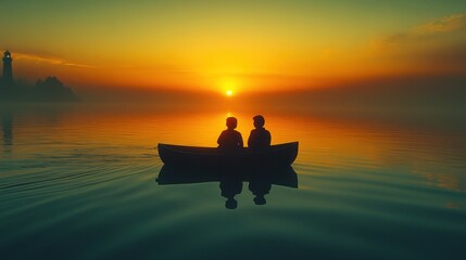 Couple sunset boat lighthouse calm sea romance