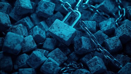 Secure Data Protection Padlock and Chain on Blue Cubes Digital Security Concept