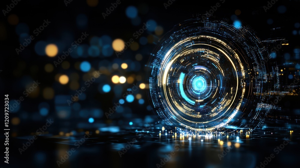 Aufkleber a detailed close-up of a circular object featuring a vibrant blue light at its center, emphasizing i