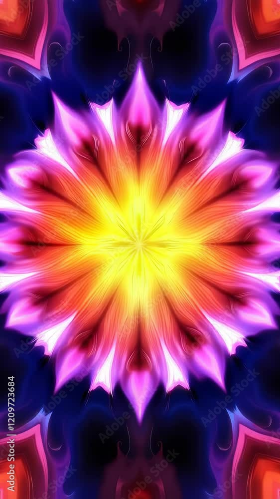 Poster vibrant kaleidoscope transition: mesmerizing floral patterns evolving in colorful symmetry