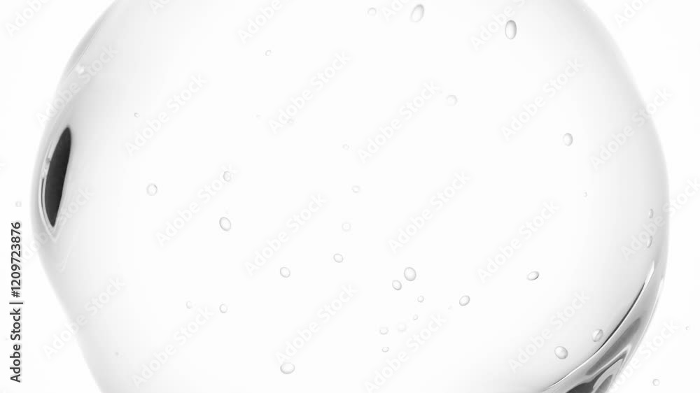 Poster single transparent spherical liquid droplet with intricate air bubbles on a white background close-u