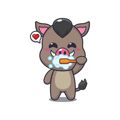 boar mascot cartoon character vector illustration brushing teeth.
