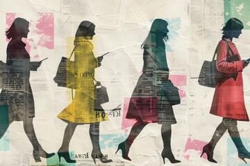Fototapeta premium Diverse business women walking ephemera border footwear painting drawing
