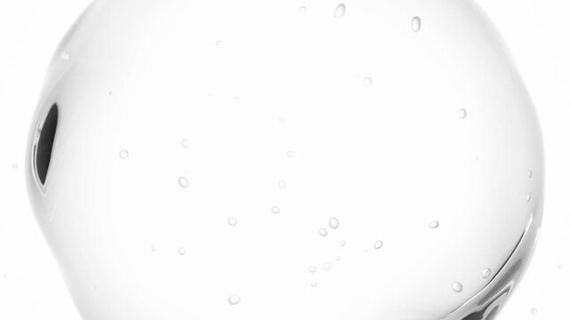 Single Transparent Spherical Liquid Droplet with Intricate Air Bubbles on a White Background Close-Up in a Seamless Abstract 3D Animation Loop