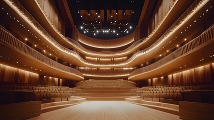 Grand concert venue with tiered seating, acoustically optimized walls, and a wide stage. Ideal for live performances.