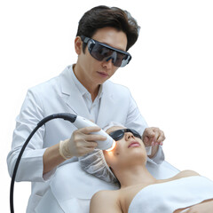 Korean Dermatologist Performing Laser Treatment on Patient, Wearing Protective Goggles in Clean Skincare Clinic Environment isolated bacground