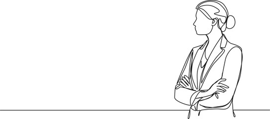 continuous single line drawing of businesswoman standing with arms crossed, line art vector illustration