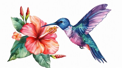 Obraz premium Vibrant Hummingbird Watercolor Illustration Tropical Bird and Flowers