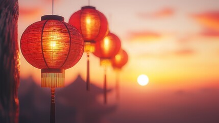 Obraz premium Red Lanterns Against a Serene Sunset Sky, Chinese New Year Festival