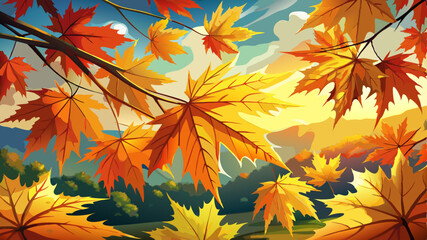 Fototapeta premium Beautiful maple leaves in autumn sunny day in foreground and blurry background in Kyushu, Japan. No people, close up, copy space, macro shot.