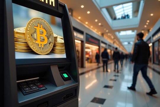 A bitcoin ATM stands in a bustling shopping mall, allowing people to easily buy and sell cryptocurrency. The background features shoppers and digital advertisements promoting bitcoin investments - Powered by Adobe