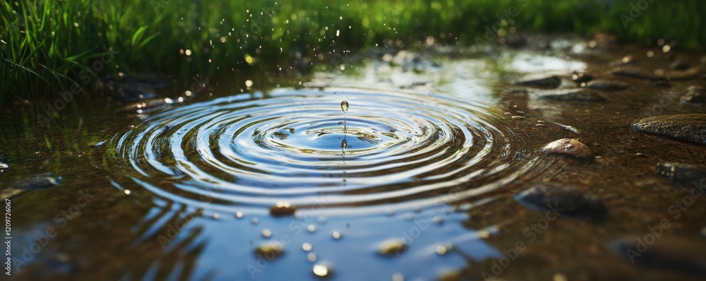 Aufkleber a photorealistic image of a single raindrop splashing into a puddle, creating a ripple effect that s