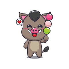 boar mascot cartoon character vector illustration eating dango.