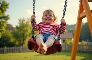 child on swing in playground, blond kid enjoying swing time in sunny outdoor play area, youthful playfulness - concept of playground fun, outdoor recreation, childhood joy