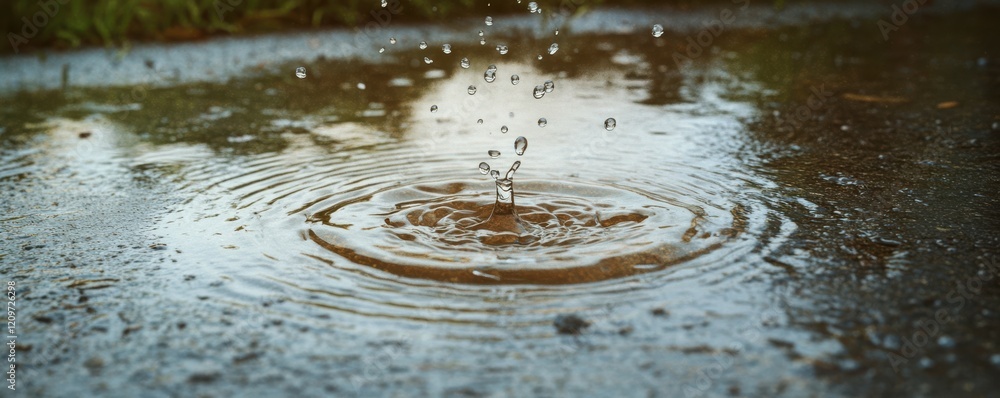 Aufkleber a photorealistic image of a single raindrop splashing into a puddle, creating a ripple effect that s