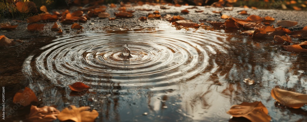 Fototapete a photorealistic image of a single raindrop splashing into a puddle, creating a ripple effect that s
