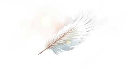 delicate feather, soft pastel colors, white and pale pink, floating, ethereal, gentle curves, wispy texture, minimalist, watercolor effect, high key lighting, fine details, light background, serene at