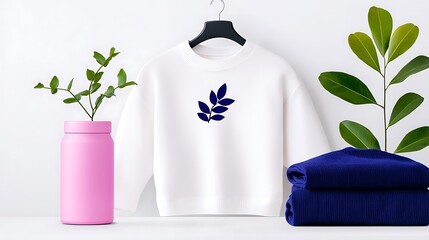 White sweatshirt with navy blue leaf embroidery