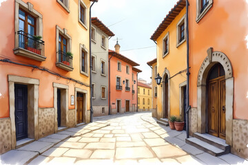 Obraz premium Watercolor painting of a cityscape in warm colors depicting historical architecture
