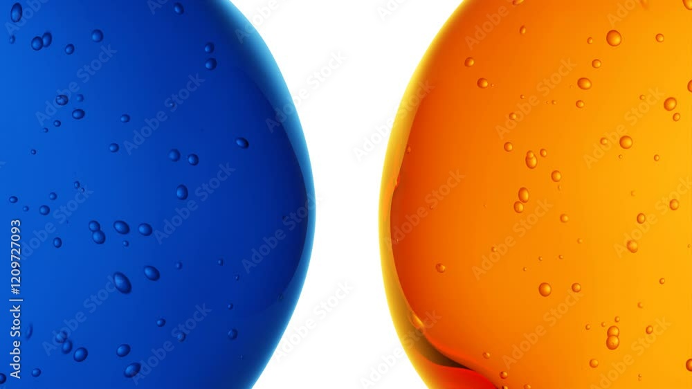 Poster two transparent spherical liquid droplets in orange and blue with air bubbles on a white background 