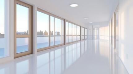 Fototapeta premium A spacious hallway featuring numerous windows, offering a picturesque view of the water, enhancing the ambiance with natural light and tranquility.