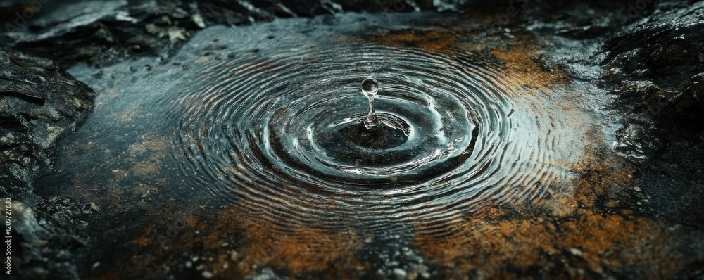 Poster a photorealistic image of a single raindrop splashing into a puddle, creating a ripple effect that s