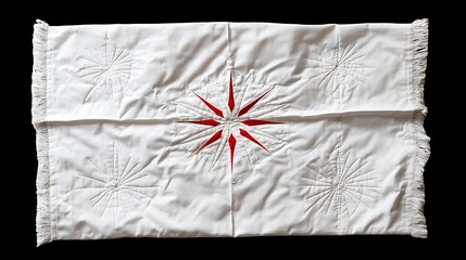 White Textile with Embroidered Red Starburst Pattern