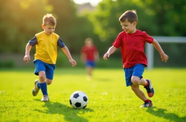 Obraz premium boys playing soccer, young kids in orange and red shirts enjoying game on grassy field - concept of sports fun, childhood play, outdoor activity