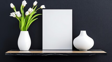 White Tulips and Mockup Canvas on Modern Shelf