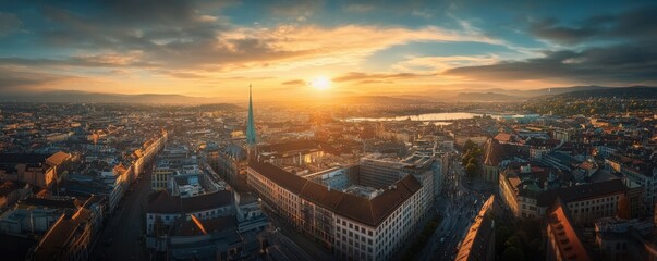 Aerial view of a bustling city during golden hour, urban energy.