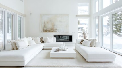 A spacious living room featuring an elegant white couch paired with a stylish coffee table, creating a modern and inviting atmosphere.