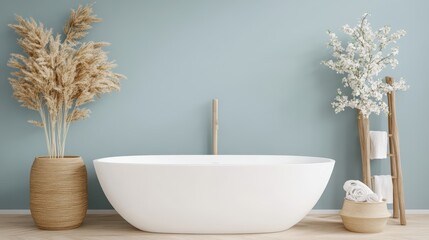 A white bathtub rests on a wooden floor beside a decorative vase, creating a serene and inviting bathroom atmosphere.