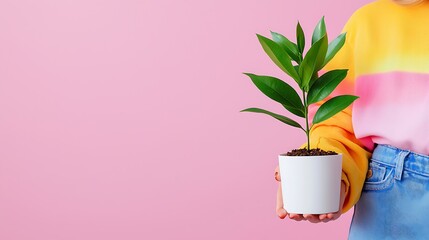 Woman Holding Potted Plant Against Pink Background