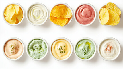 Set of creamy sauces with assorted chips on white background