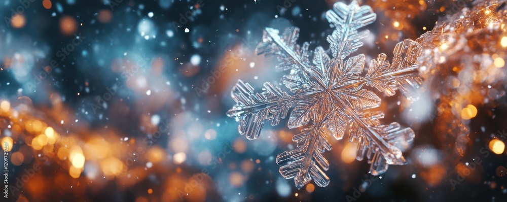 Poster a photorealistic image of a snowflake falling from the sky, its intricate crystal structure capturin