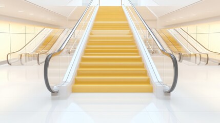 A vibrant yellow staircase ascends towards a matching yellow wall, creating a striking visual connection in a minimalist setting.