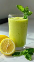 Fototapeta premium A bright and refreshing lemon and mint smoothie cascading into a glass, with lemon slices and mint sprigs in the foreground