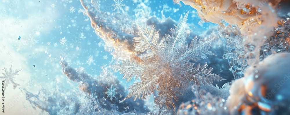 Poster a photorealistic image of a snowflake falling from the sky, its intricate crystal structure capturin